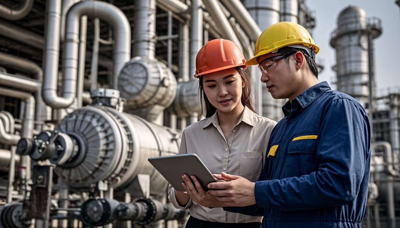Engineers inspecting compressor equipment